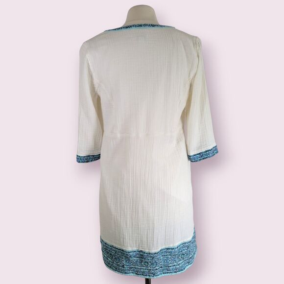 J JILL Gauzy Cotton Boho Dress Size S Embroidered Drawstring Waist Tunic Coastal - Picture 4 of 12